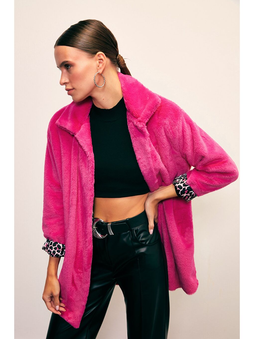 Leopar Astarlı Pelüş Kaban - Fuşya-1