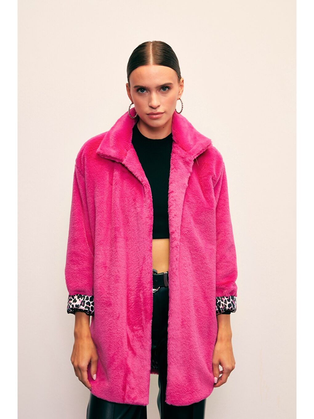 Leopar Astarlı Pelüş Kaban - Fuşya-2