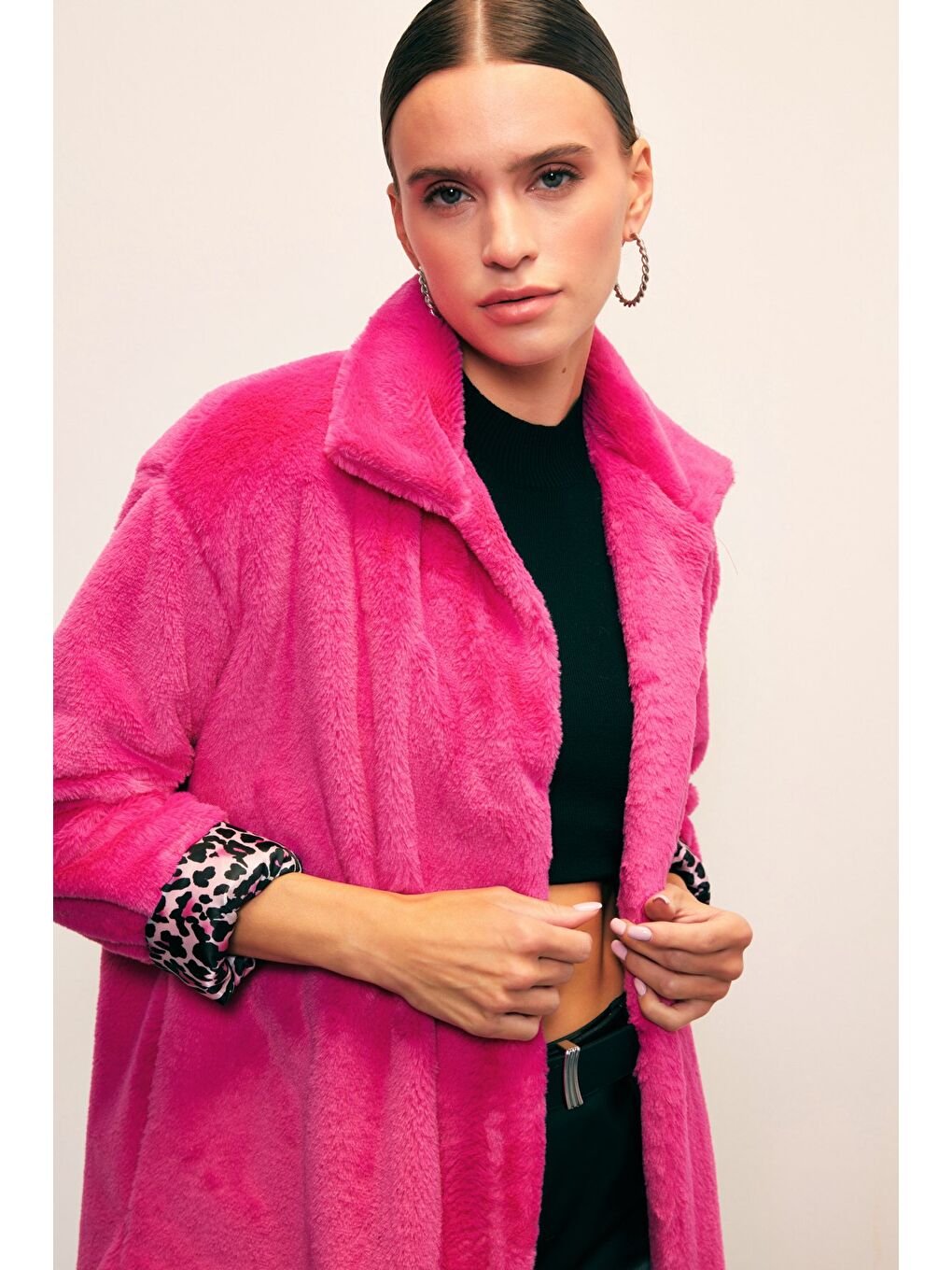 Leopar Astarlı Pelüş Kaban - Fuşya-3