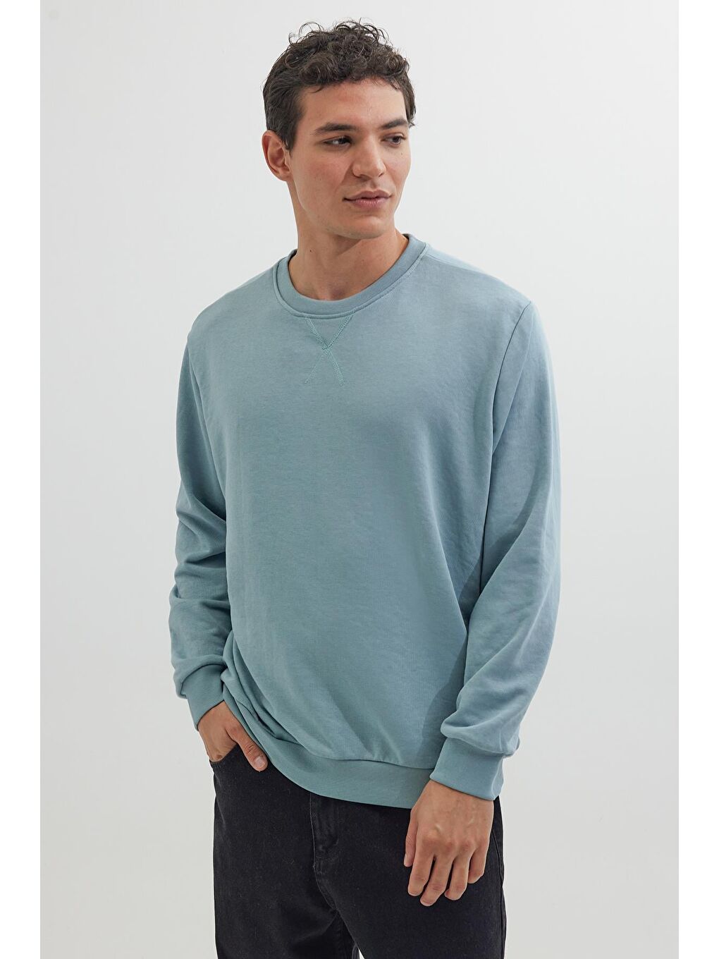 Unisex Relax Fit Rahat Kesim %100 Pamuk 3 İplik Basic Mavi Bisiklet Yaka Sweatshirt