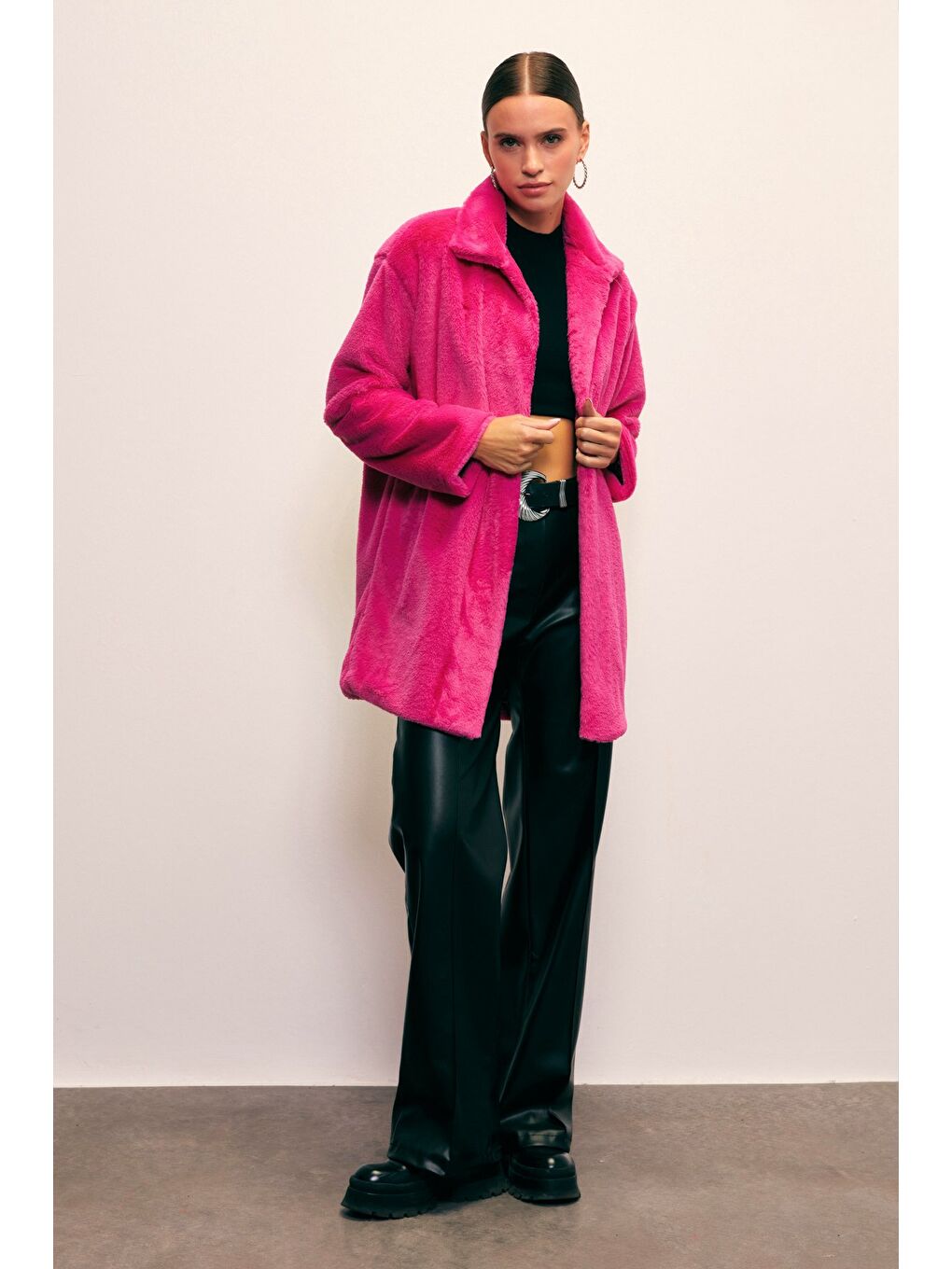 Leopar Astarlı Pelüş Kaban - Fuşya-5