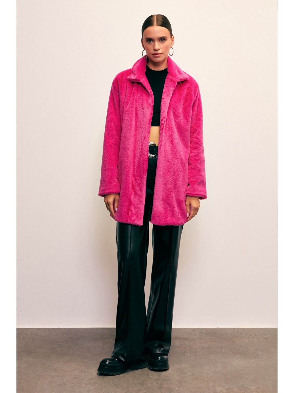 Leopar Astarlı Pelüş Kaban - Fuşya-6