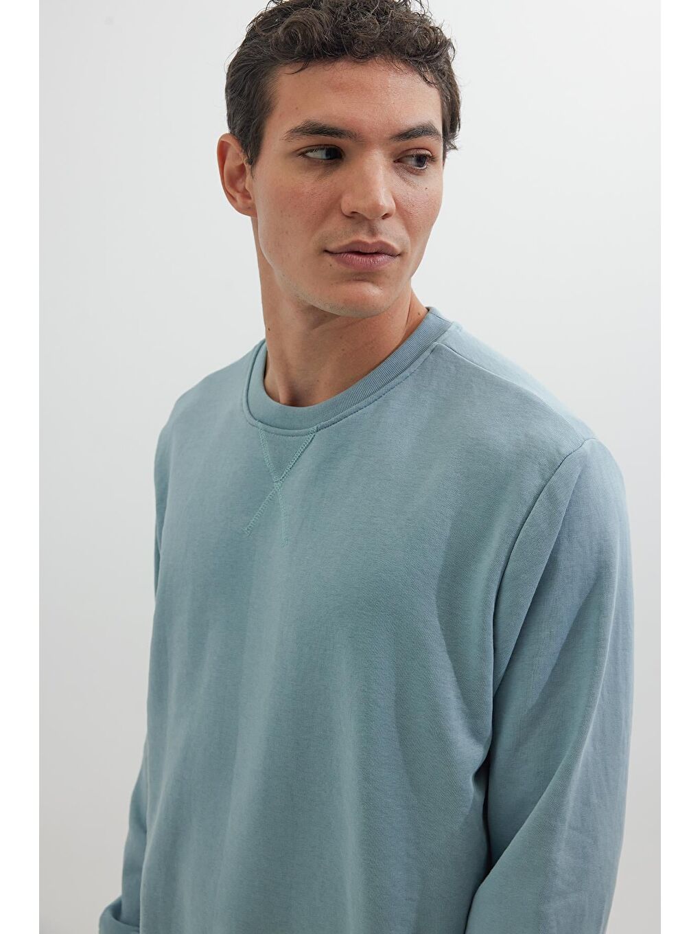 Unisex Relax Fit Rahat Kesim %100 Pamuk 3 İplik Basic Mavi Bisiklet Yaka Sweatshirt-1
