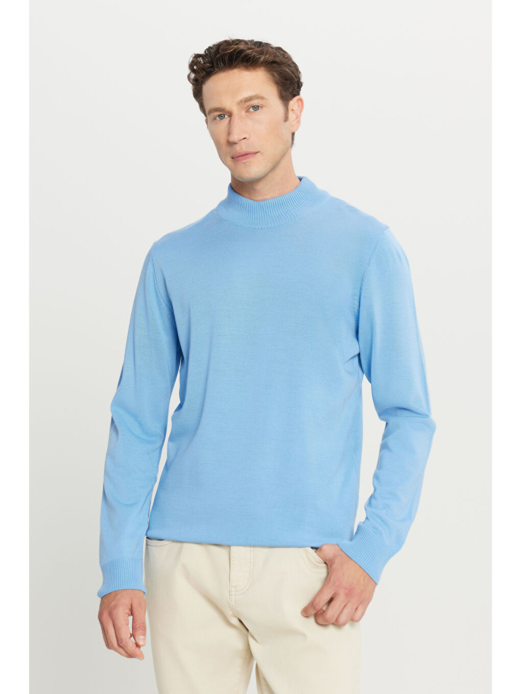 Erkek Açık Mavi Tüylenme Yapmayan Anti-Pilling Standart Fit Yarım Balıkçı Yaka Triko Kazak-2