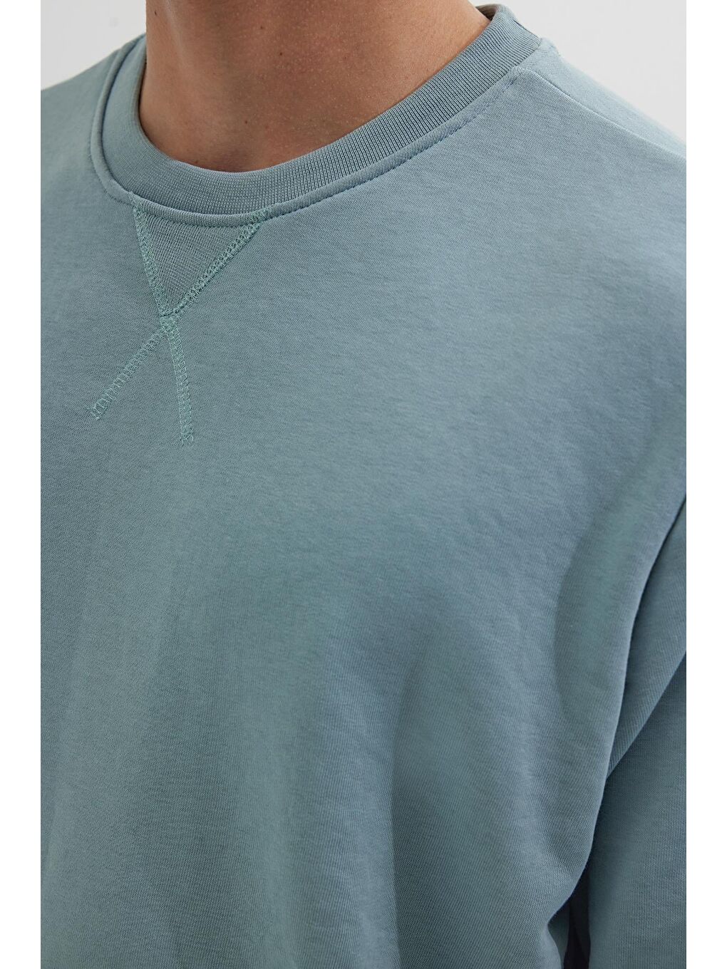 Unisex Relax Fit Rahat Kesim %100 Pamuk 3 İplik Basic Mavi Bisiklet Yaka Sweatshirt-2