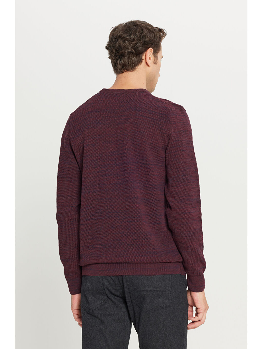 Erkek Bordo-Lacivert Recycle Standart Fit Bisiklet Yaka Desenli Triko Kazak-4