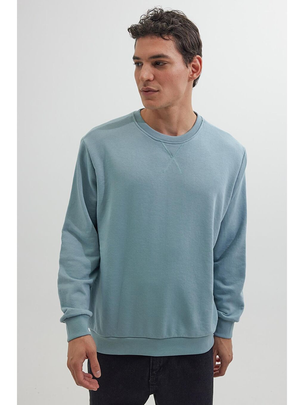 Unisex Relax Fit Rahat Kesim %100 Pamuk 3 İplik Basic Mavi Bisiklet Yaka Sweatshirt-3