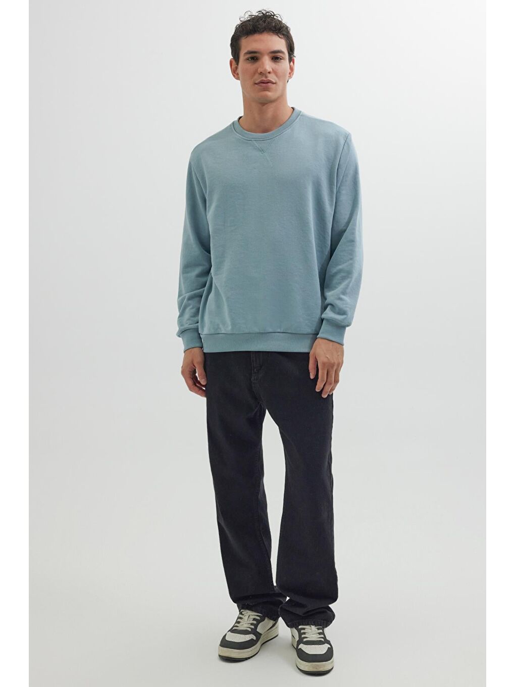 Unisex Relax Fit Rahat Kesim %100 Pamuk 3 İplik Basic Mavi Bisiklet Yaka Sweatshirt-4