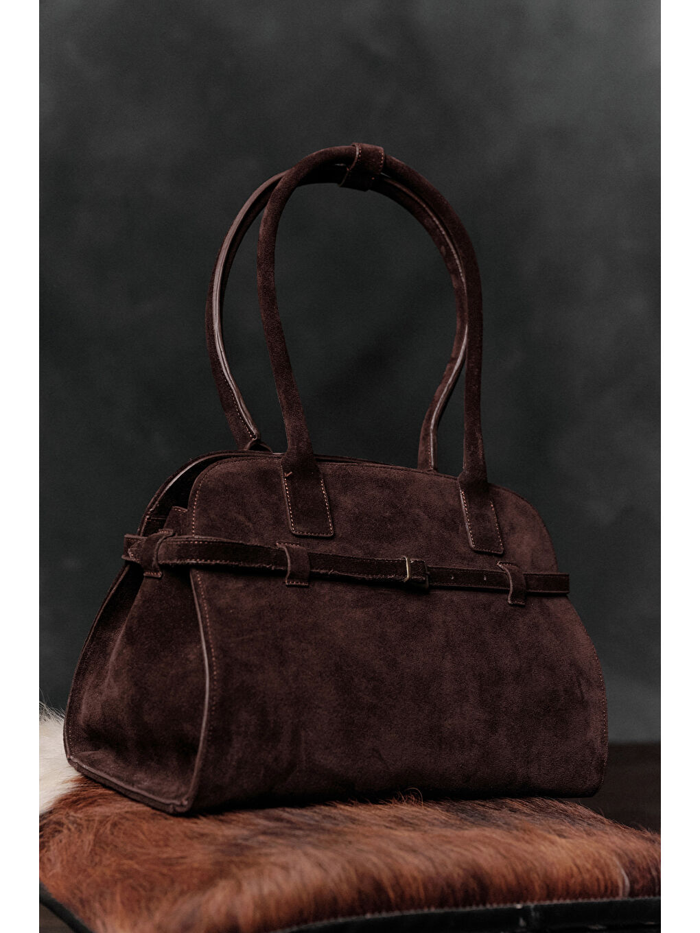 Süet Kemerli Çanta Kahverengi-3