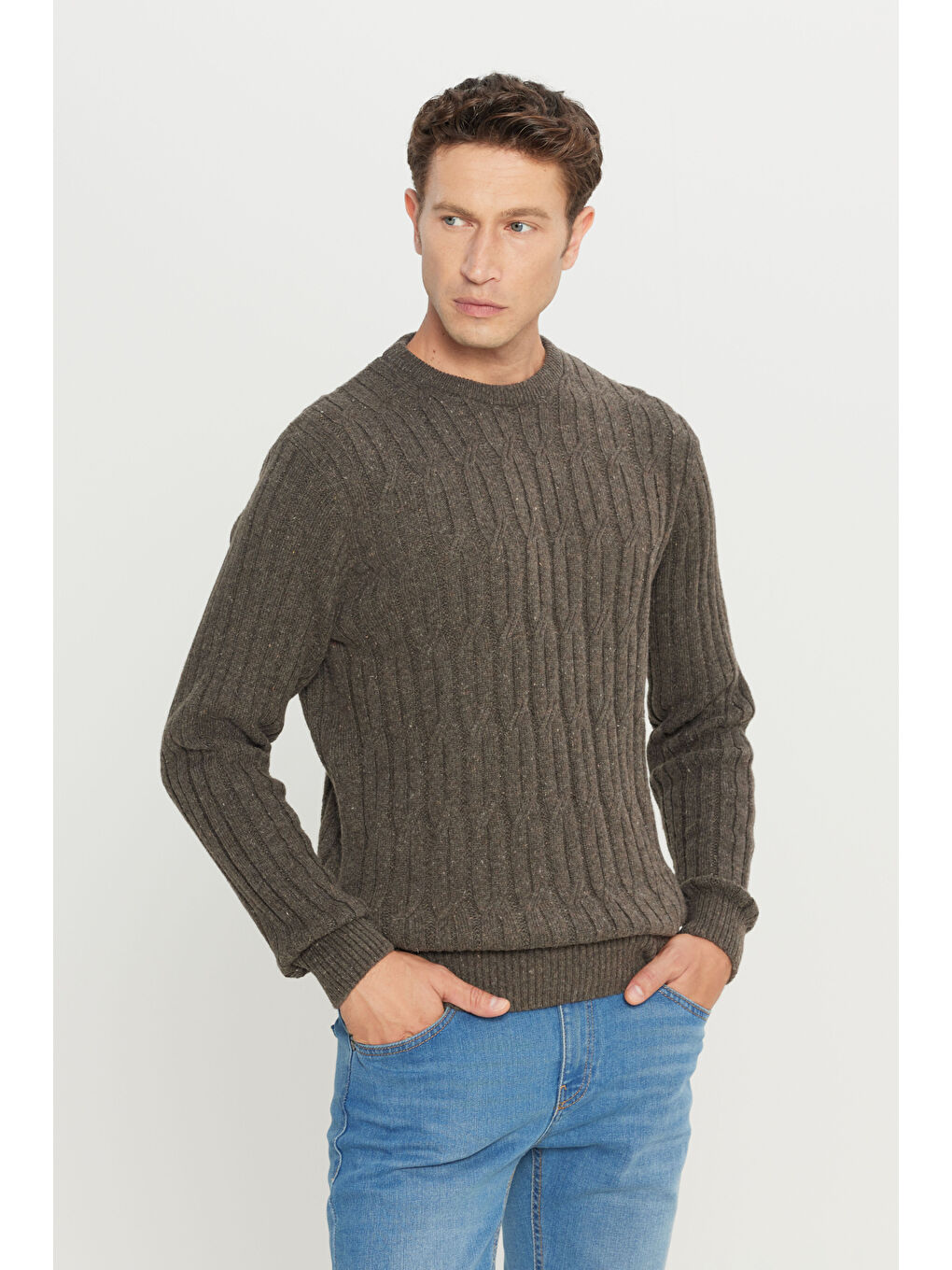 Erkek Kahverengi Standart Fit Normal Kesim Bisiklet Yaka Jakarlı Triko %100 Pamuk Kazak-2