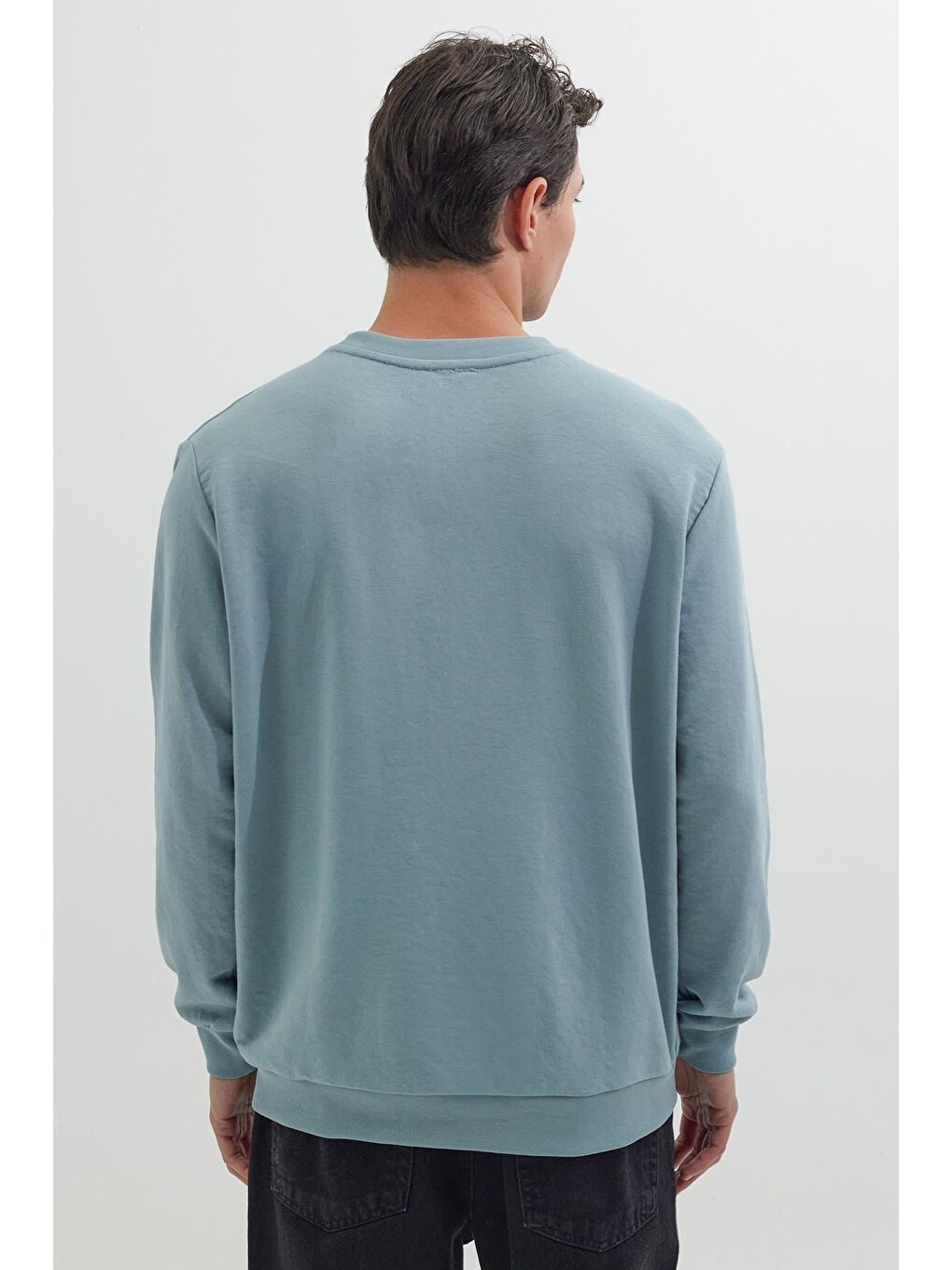 Unisex Relax Fit Rahat Kesim %100 Pamuk 3 İplik Basic Mavi Bisiklet Yaka Sweatshirt-6