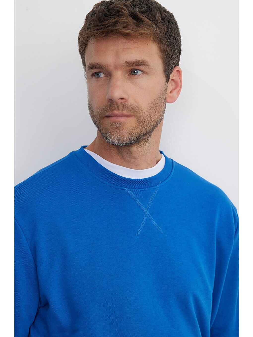 Unisex Relax Fit Rahat Kesim %100 Pamuk 3 İplik Basic Saks Mavi Bisiklet Yaka Sweatshirt-1