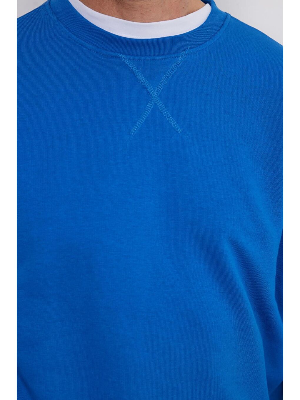 Unisex Relax Fit Rahat Kesim %100 Pamuk 3 İplik Basic Saks Mavi Bisiklet Yaka Sweatshirt-2