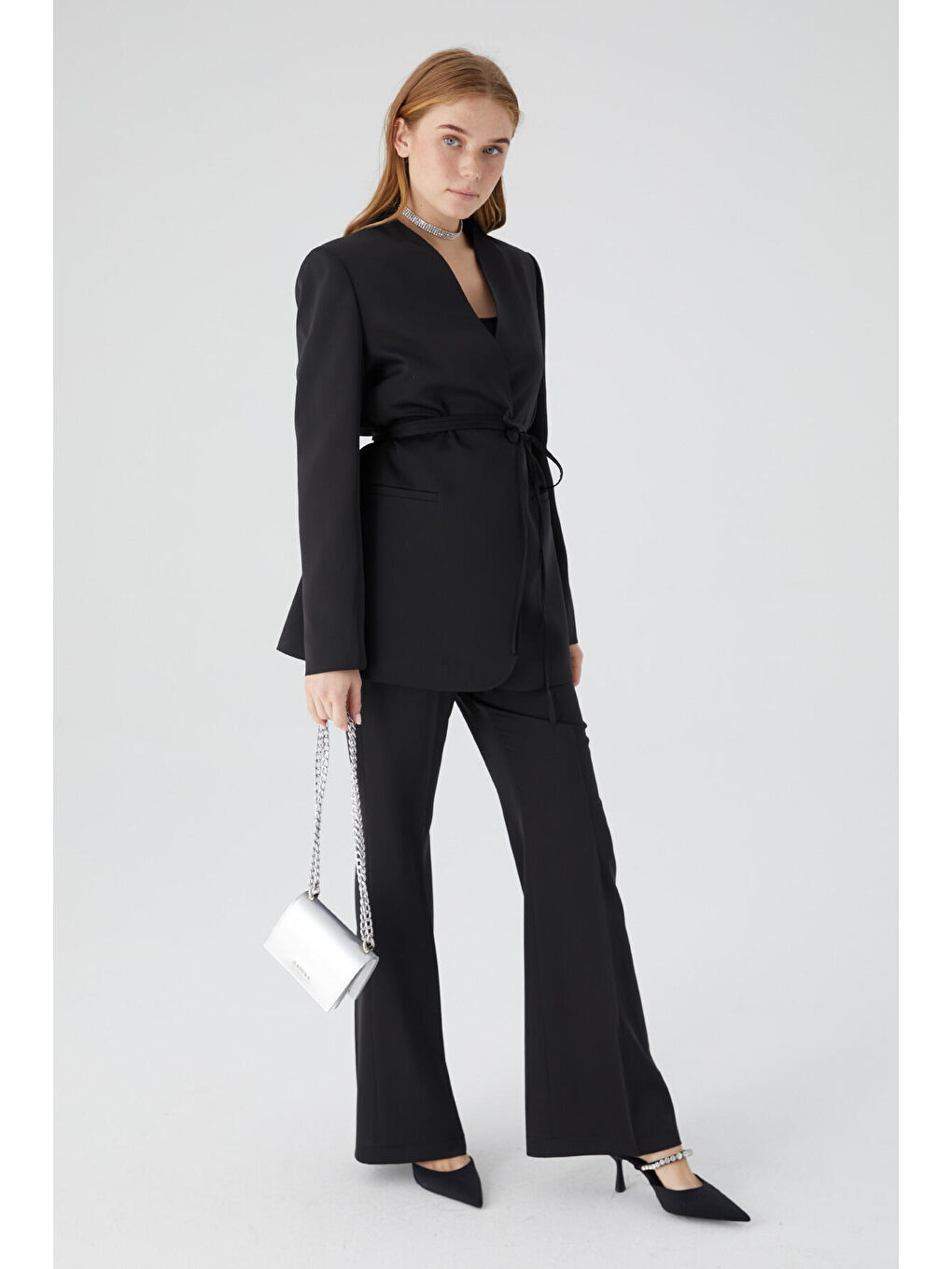 Saten İspanyol Paça Pantolon Siyah-3