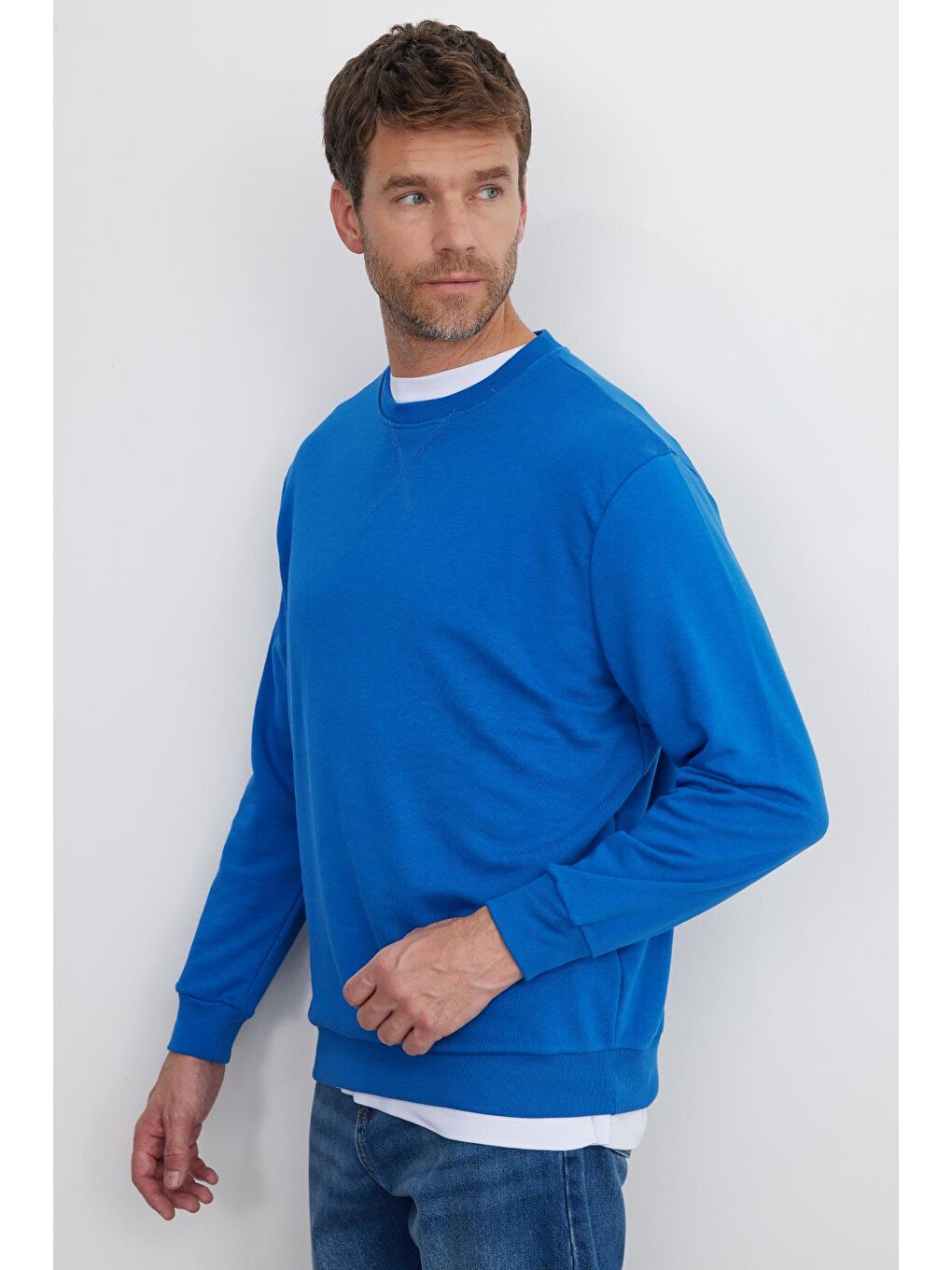 Unisex Relax Fit Rahat Kesim %100 Pamuk 3 İplik Basic Saks Mavi Bisiklet Yaka Sweatshirt-3