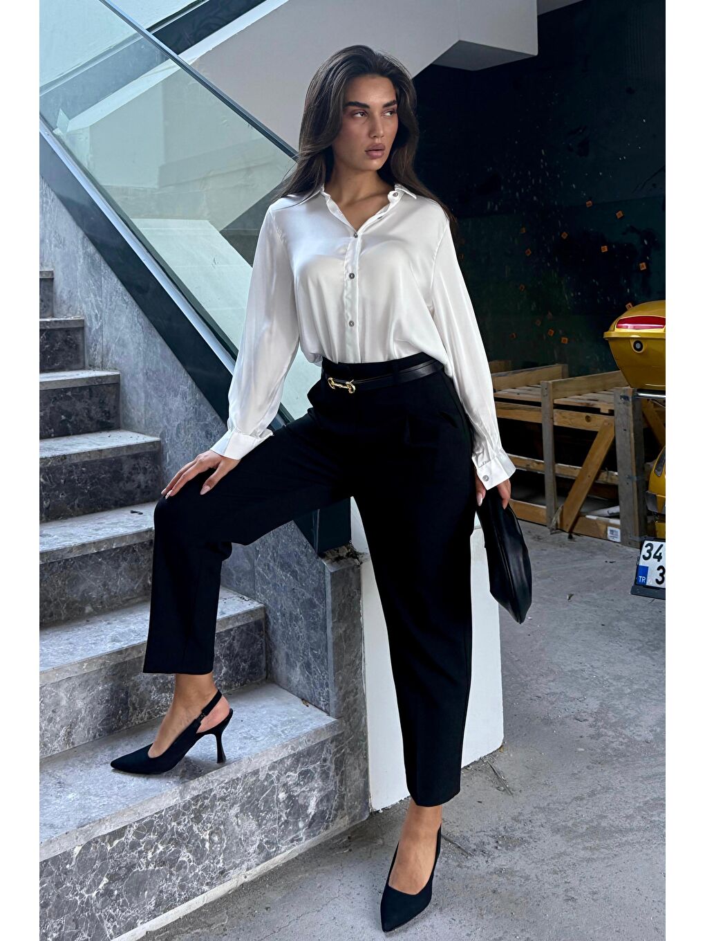 Siyah Yüksek Bel Pileli Kadın Kumaş Pantolon Mg2507-1