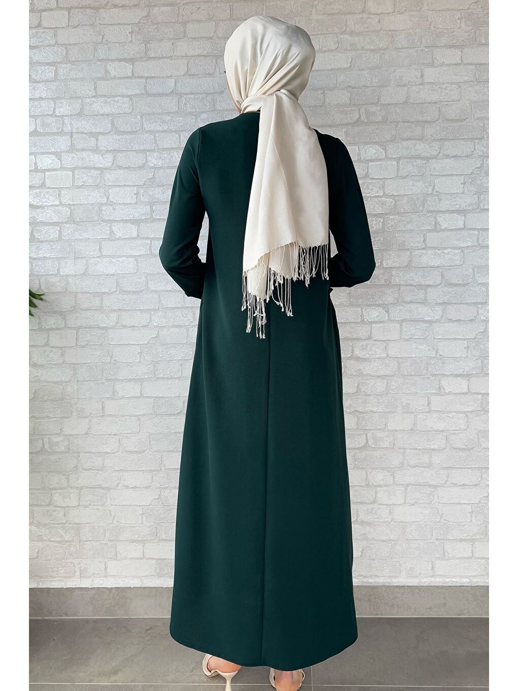 Yeşil Kadın Taş İşlemeli Bel Kuşak Detaylı Tesettür Elbise-6