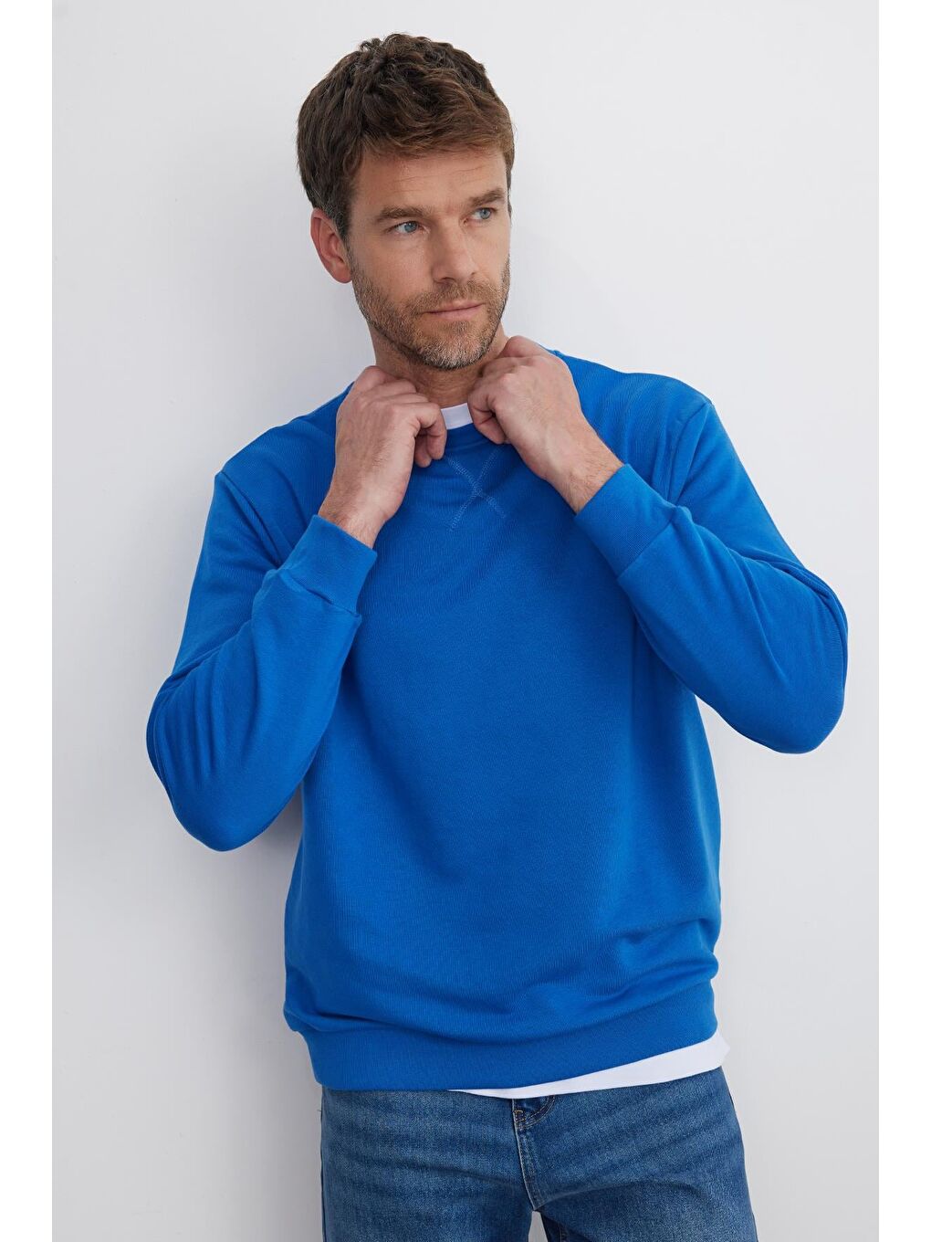 Unisex Relax Fit Rahat Kesim %100 Pamuk 3 İplik Basic Saks Mavi Bisiklet Yaka Sweatshirt-4