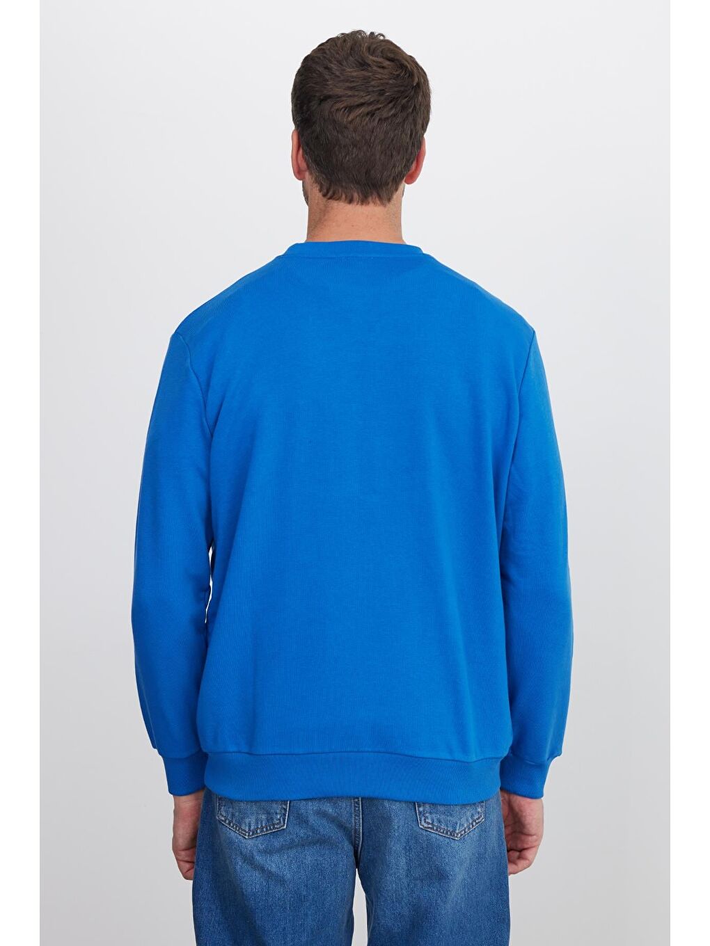 Unisex Relax Fit Rahat Kesim %100 Pamuk 3 İplik Basic Saks Mavi Bisiklet Yaka Sweatshirt-6