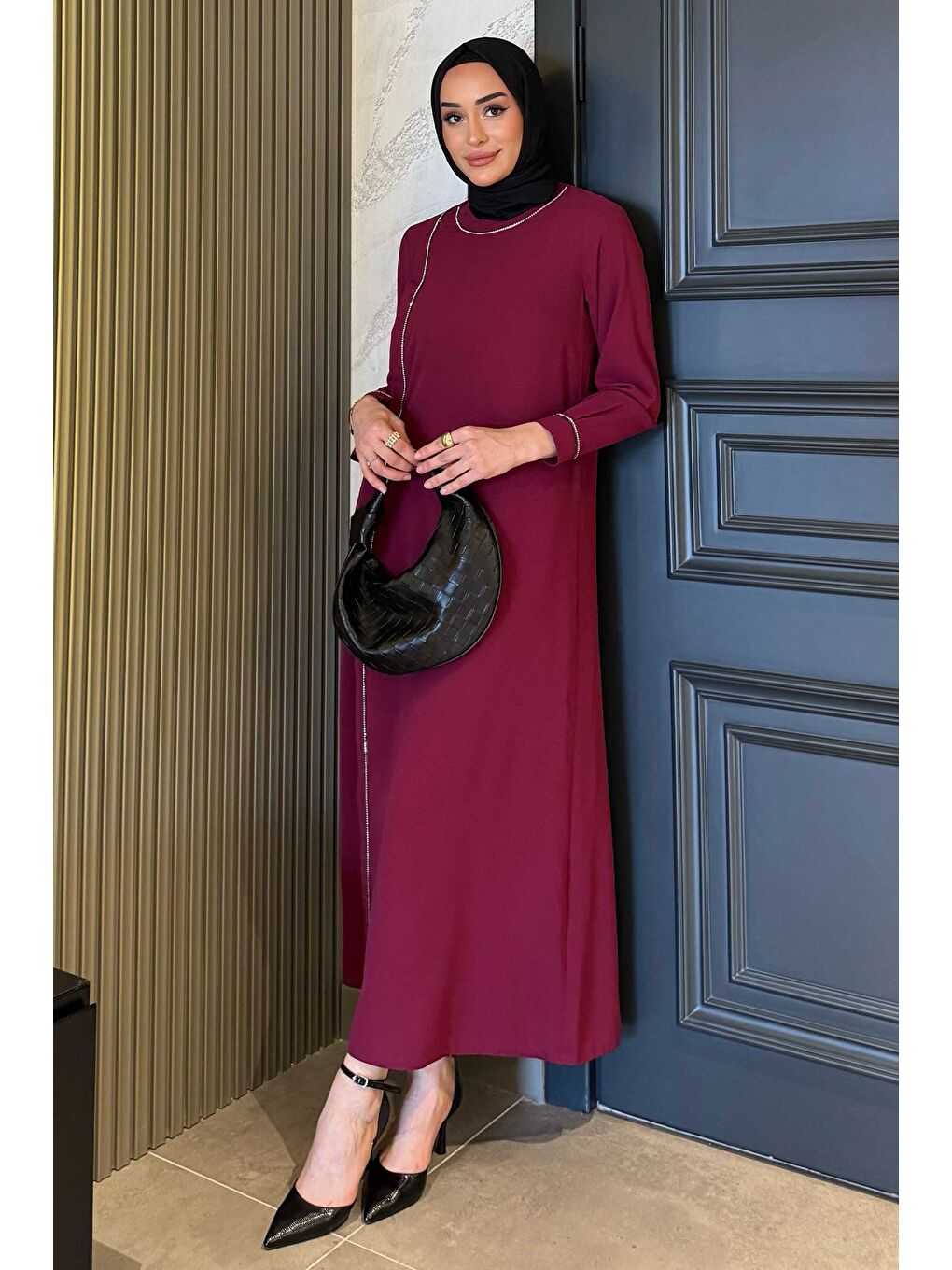 Mürdüm Kadın Taş İşlemeli Bel Kuşak Detaylı Tesettür Elbise-1