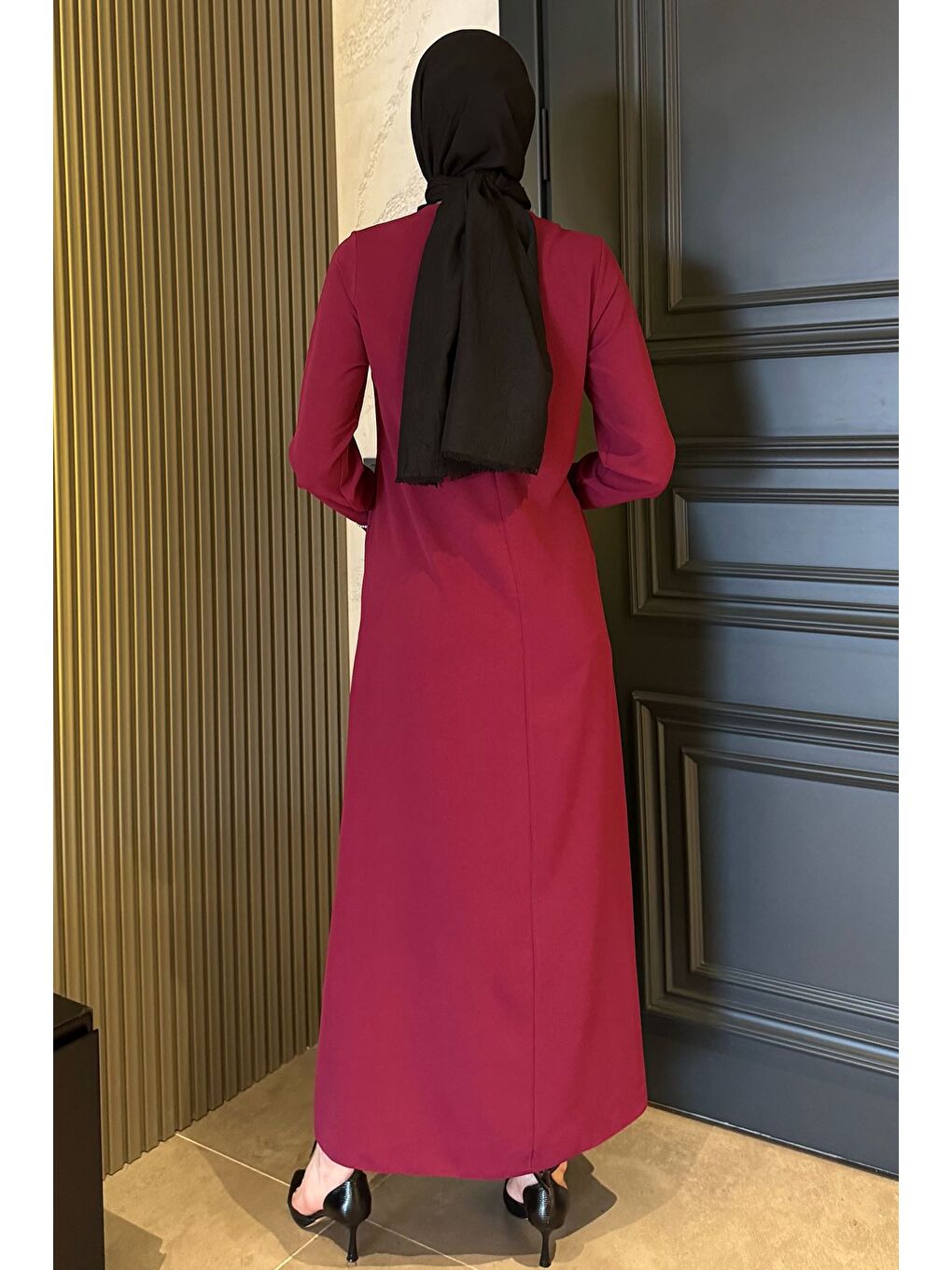 Mürdüm Kadın Taş İşlemeli Bel Kuşak Detaylı Tesettür Elbise-3