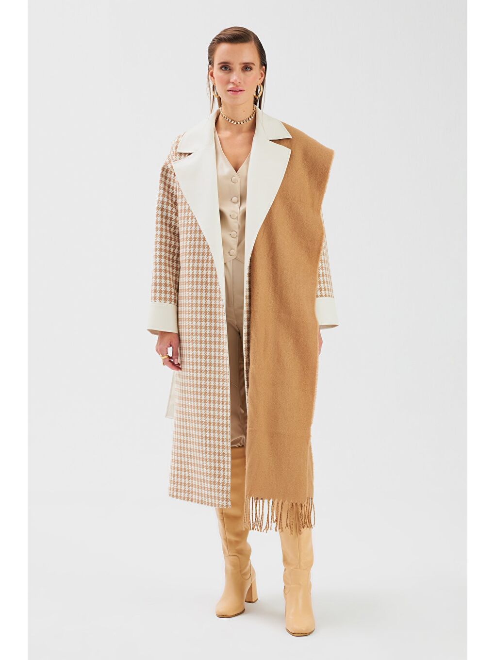 Kahverengi Deri Detaylı Kazayağı Kaban - Camel-2