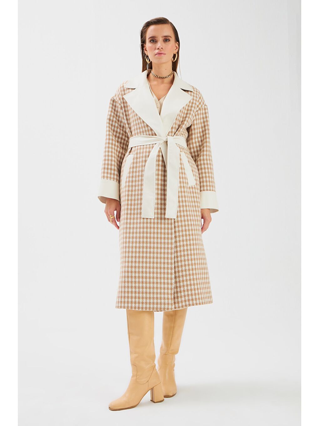 Kahverengi Deri Detaylı Kazayağı Kaban - Camel-4