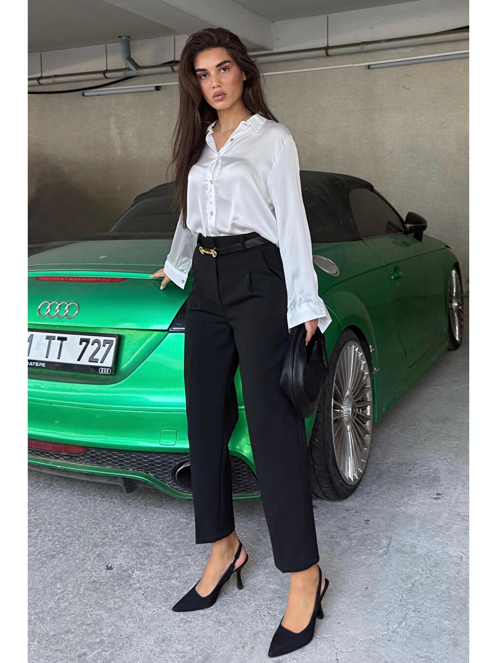 Siyah Yüksek Bel Pileli Kadın Kumaş Pantolon Mg2507-3