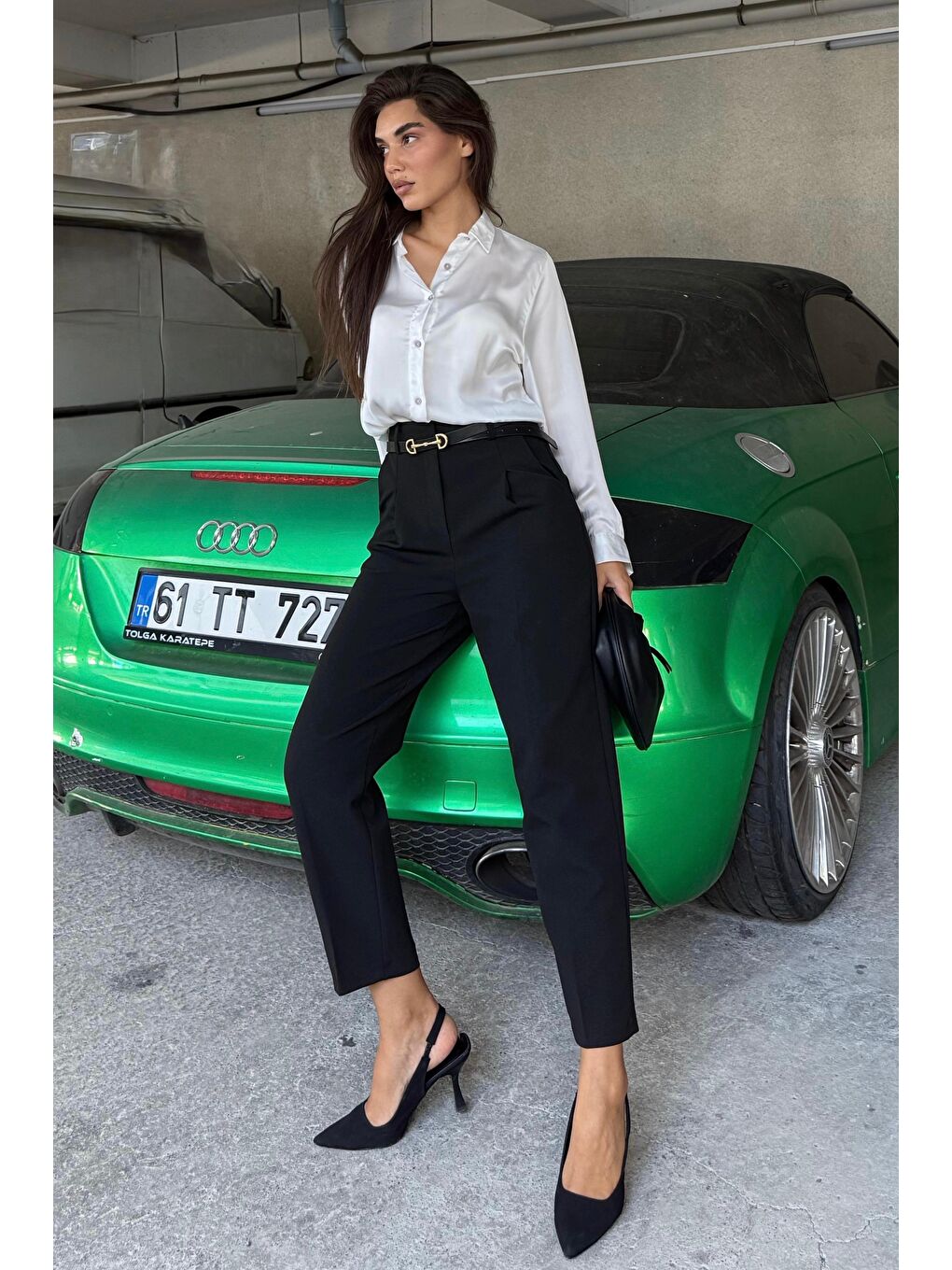 Siyah Yüksek Bel Pileli Kadın Kumaş Pantolon Mg2507-4