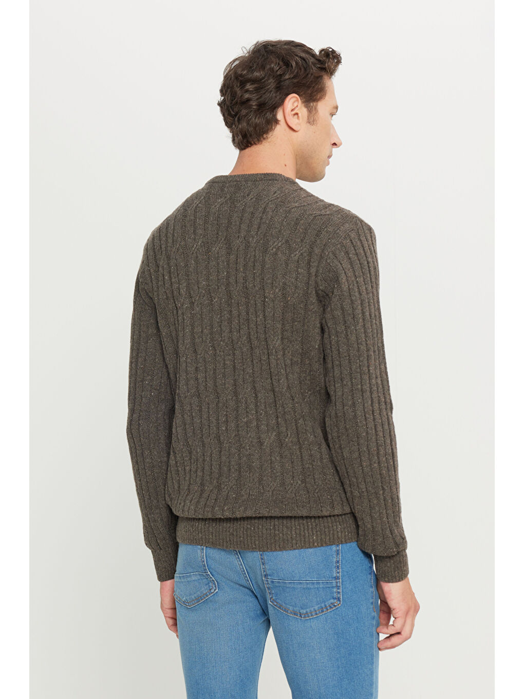 Erkek Kahverengi Standart Fit Normal Kesim Bisiklet Yaka Jakarlı Triko %100 Pamuk Kazak-4