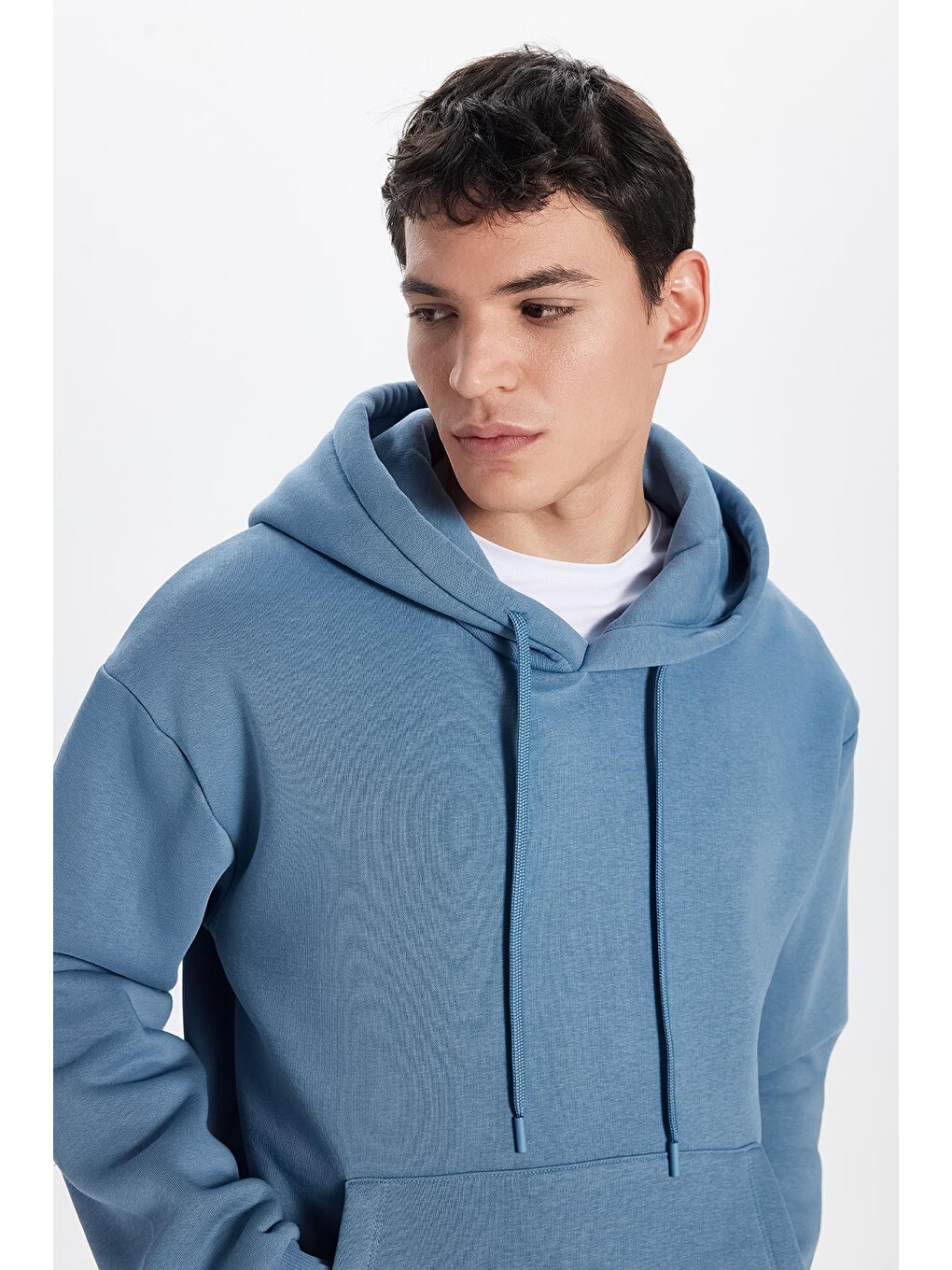 Unisex Oversize Geniş Kesim Pamuklu Yumuşak Dokulu İçi Polarlı Basic İndigo Kapüşonlu Erkek Hoodie-1