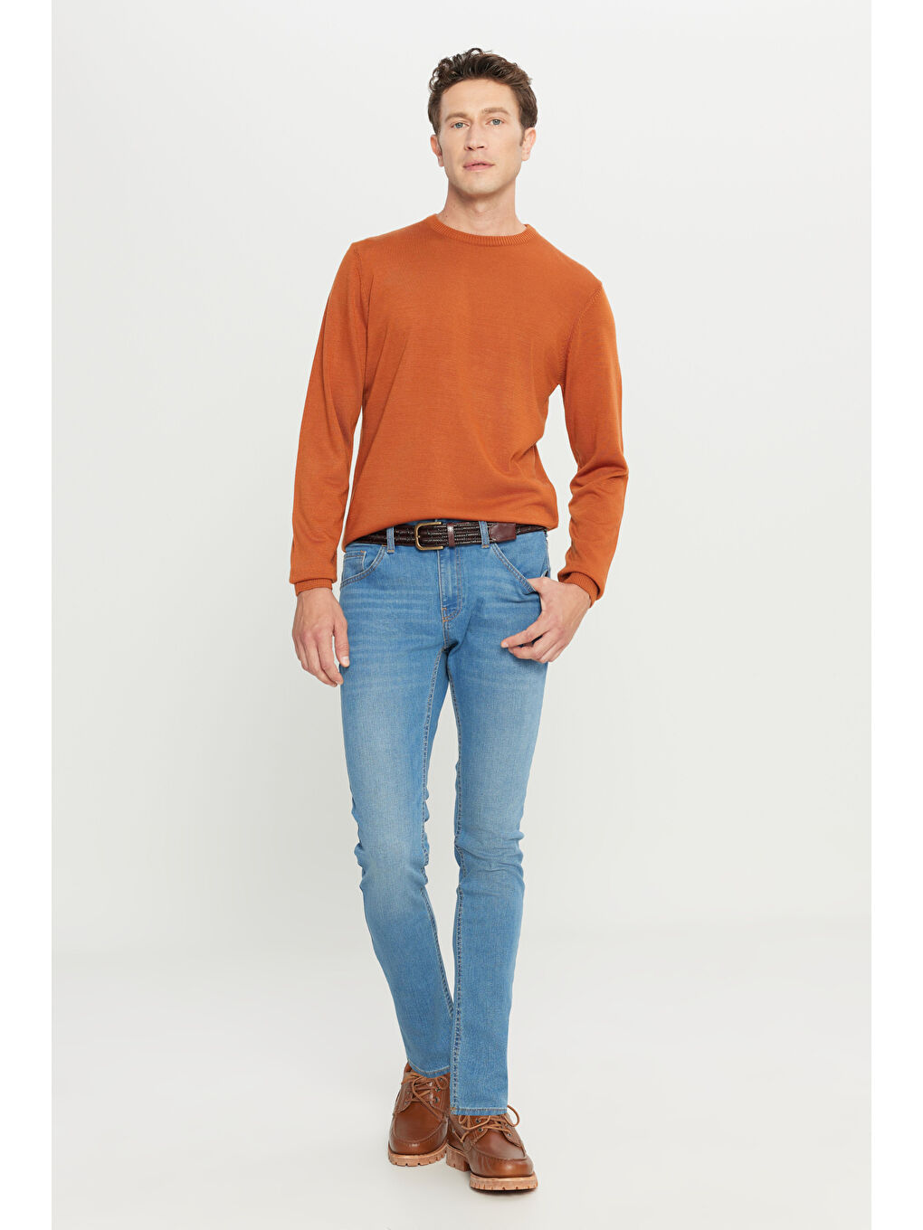 Kahverengi Erkek Kiremit Anti-Pilling Tüylenme Yapmayan Standart Fit Normal Kesim Bisiklet Yaka Triko Kazak-1