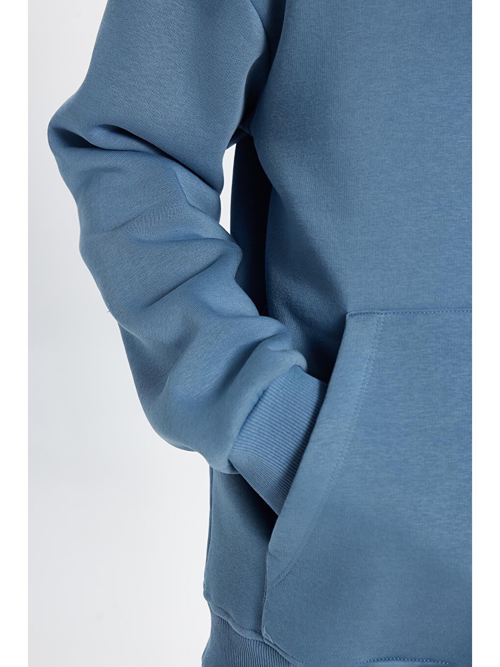 Unisex Oversize Geniş Kesim Pamuklu Yumuşak Dokulu İçi Polarlı Basic İndigo Kapüşonlu Erkek Hoodie-2