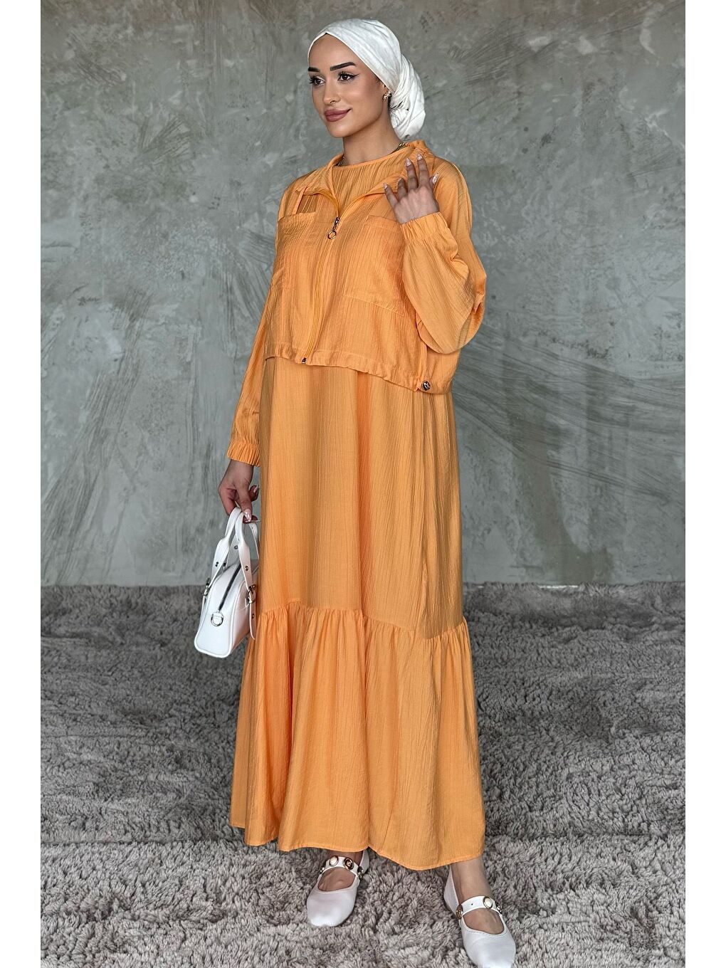 Kahverengi Etek Ucu Fırfırlı Bel Lastikli Hırka Kombinli Tesettür Elbise-1