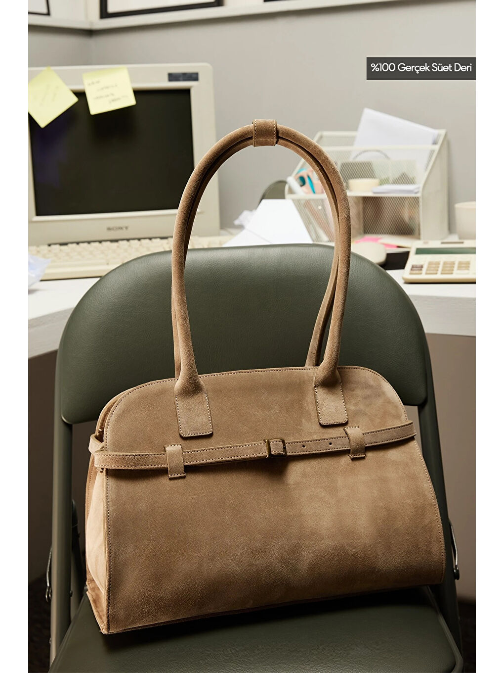 Bej Süet Kemerli Çanta Vizon