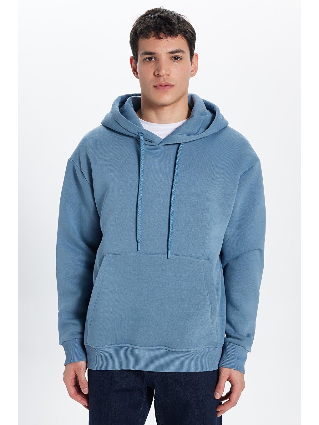 Unisex Oversize Geniş Kesim Pamuklu Yumuşak Dokulu İçi Polarlı Basic İndigo Kapüşonlu Erkek Hoodie-4
