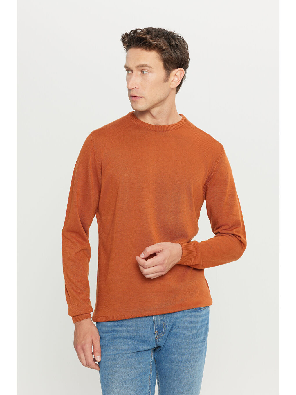 Kahverengi Erkek Kiremit Anti-Pilling Tüylenme Yapmayan Standart Fit Normal Kesim Bisiklet Yaka Triko Kazak-2