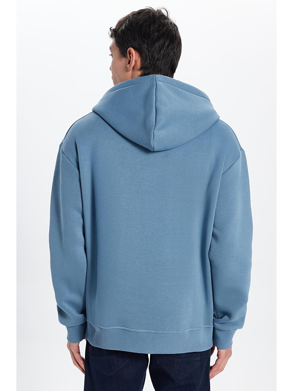 Unisex Oversize Geniş Kesim Pamuklu Yumuşak Dokulu İçi Polarlı Basic İndigo Kapüşonlu Erkek Hoodie-5