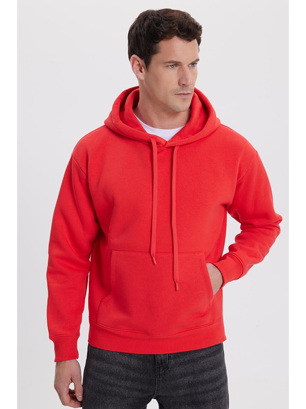 Kırmızı Unisex Oversize Geniş Kesim Pamuklu Yumuşak Dokulu İçi Polarlı Basic Nar Renk Kapüşonlu Erkek Hoodie-1