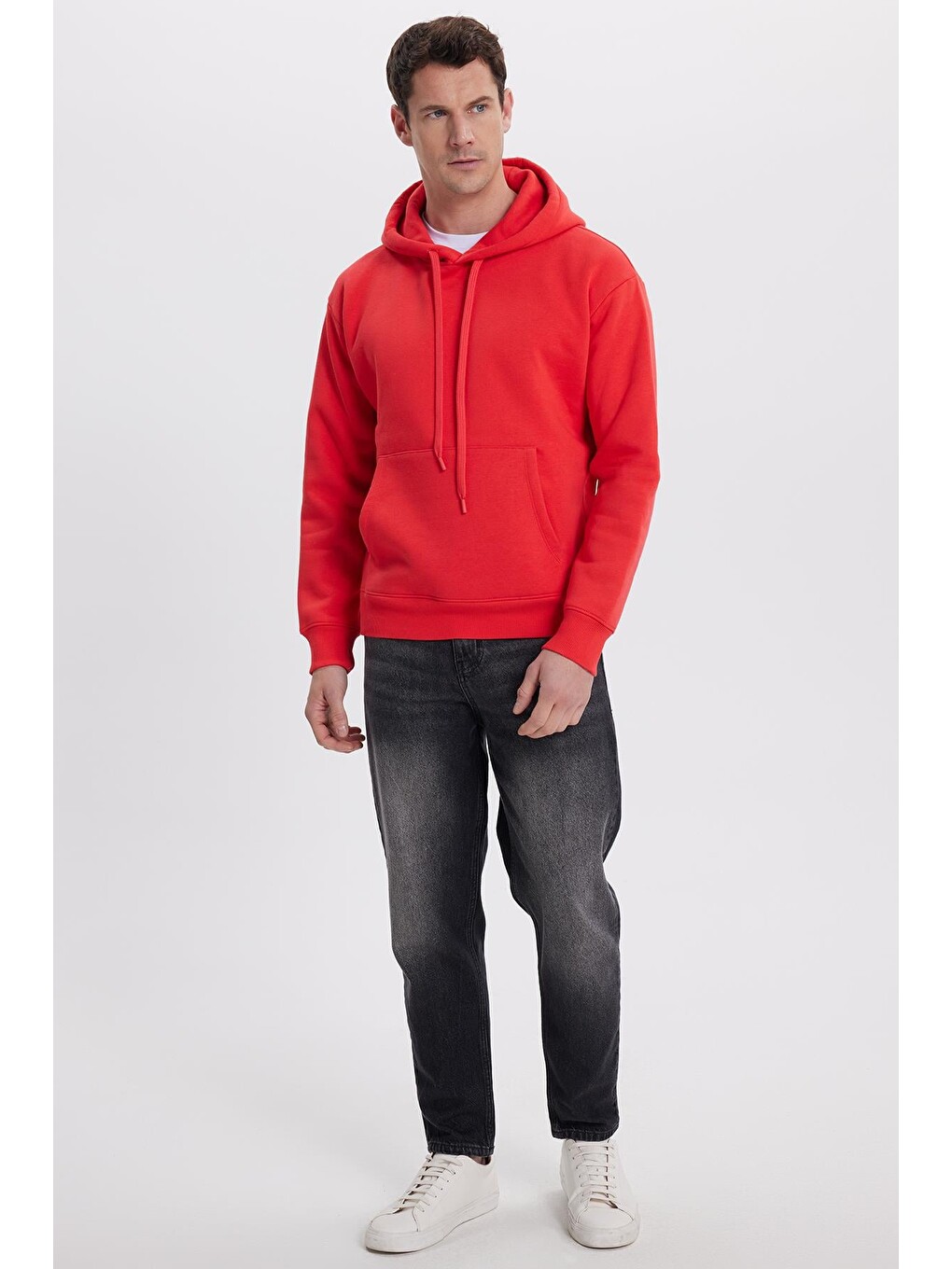 Kırmızı Unisex Oversize Geniş Kesim Pamuklu Yumuşak Dokulu İçi Polarlı Basic Nar Renk Kapüşonlu Erkek Hoodie-4