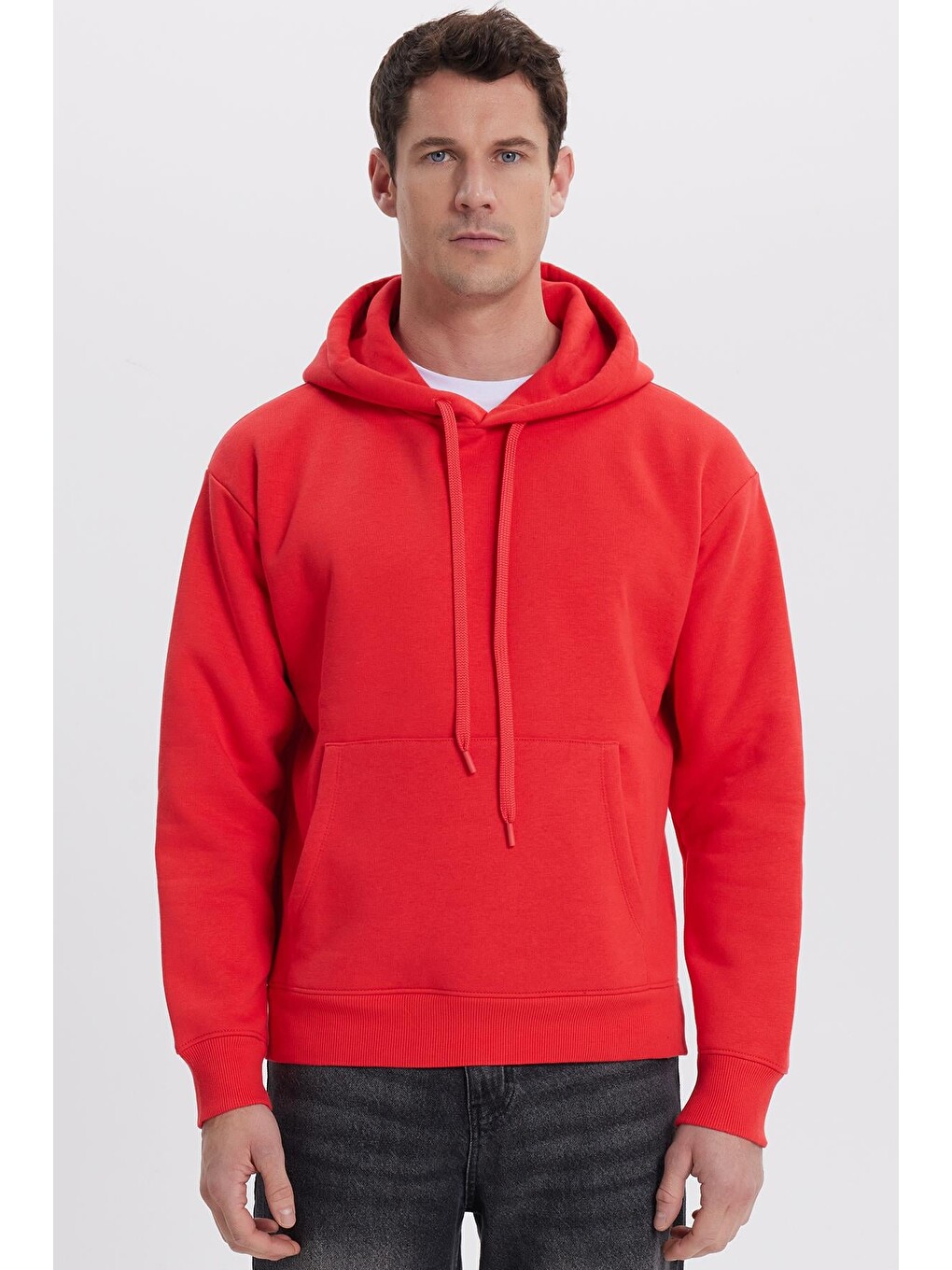 Kırmızı Unisex Oversize Geniş Kesim Pamuklu Yumuşak Dokulu İçi Polarlı Basic Nar Renk Kapüşonlu Erkek Hoodie-5