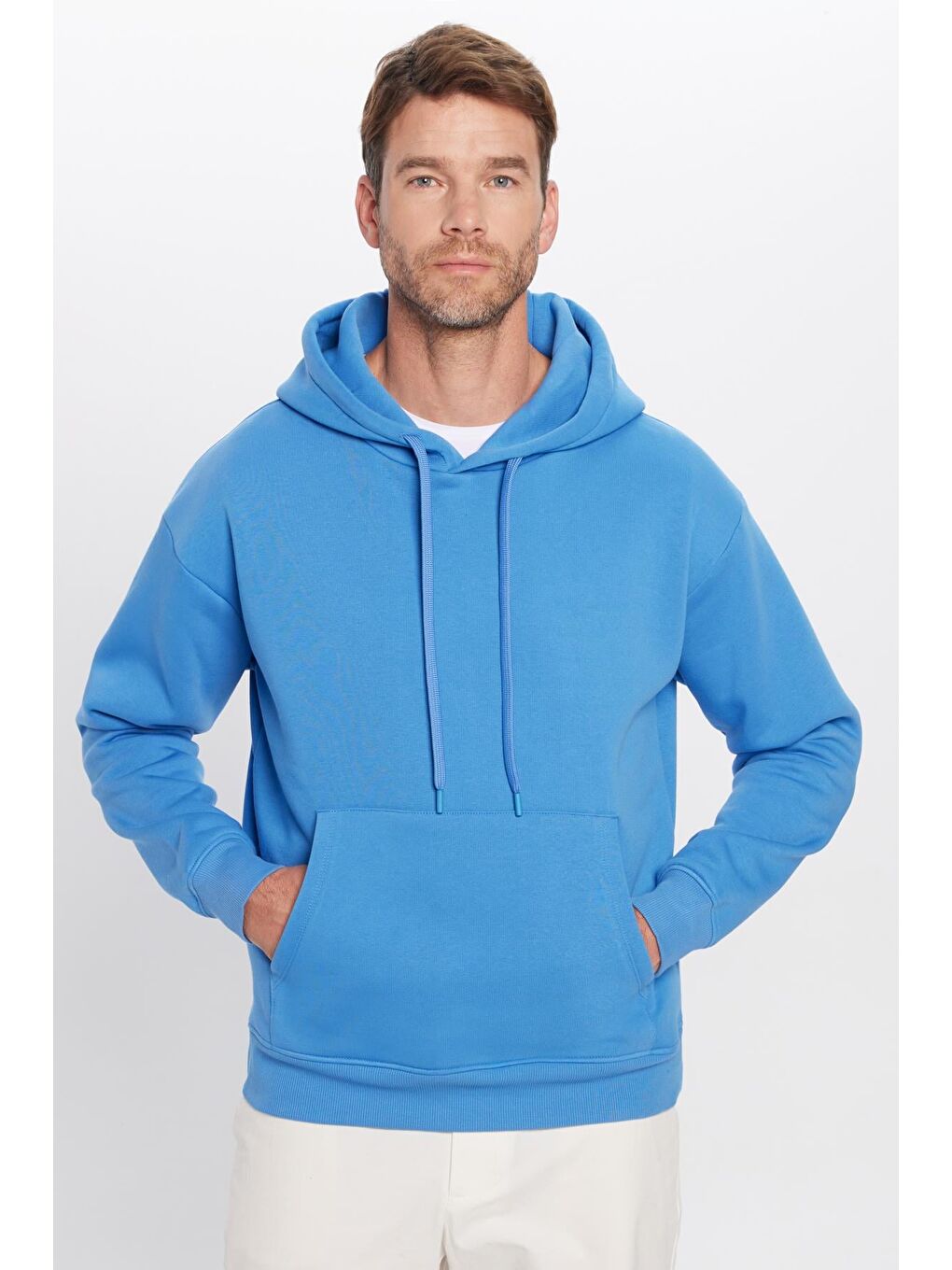 Unisex Oversize Geniş Kesim Pamuklu Yumuşak Dokulu İçi Polarlı Basic Mavi Kapüşonlu Erkek Hoodie-1
