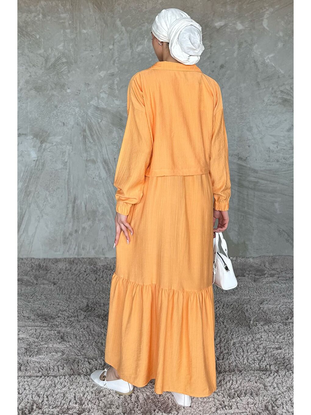 Kahverengi Etek Ucu Fırfırlı Bel Lastikli Hırka Kombinli Tesettür Elbise-7