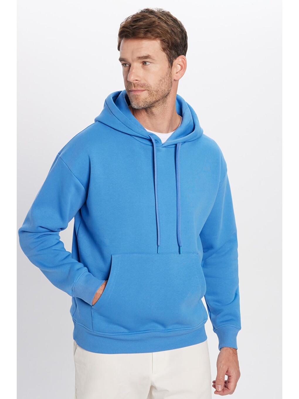 Unisex Oversize Geniş Kesim Pamuklu Yumuşak Dokulu İçi Polarlı Basic Mavi Kapüşonlu Erkek Hoodie-4