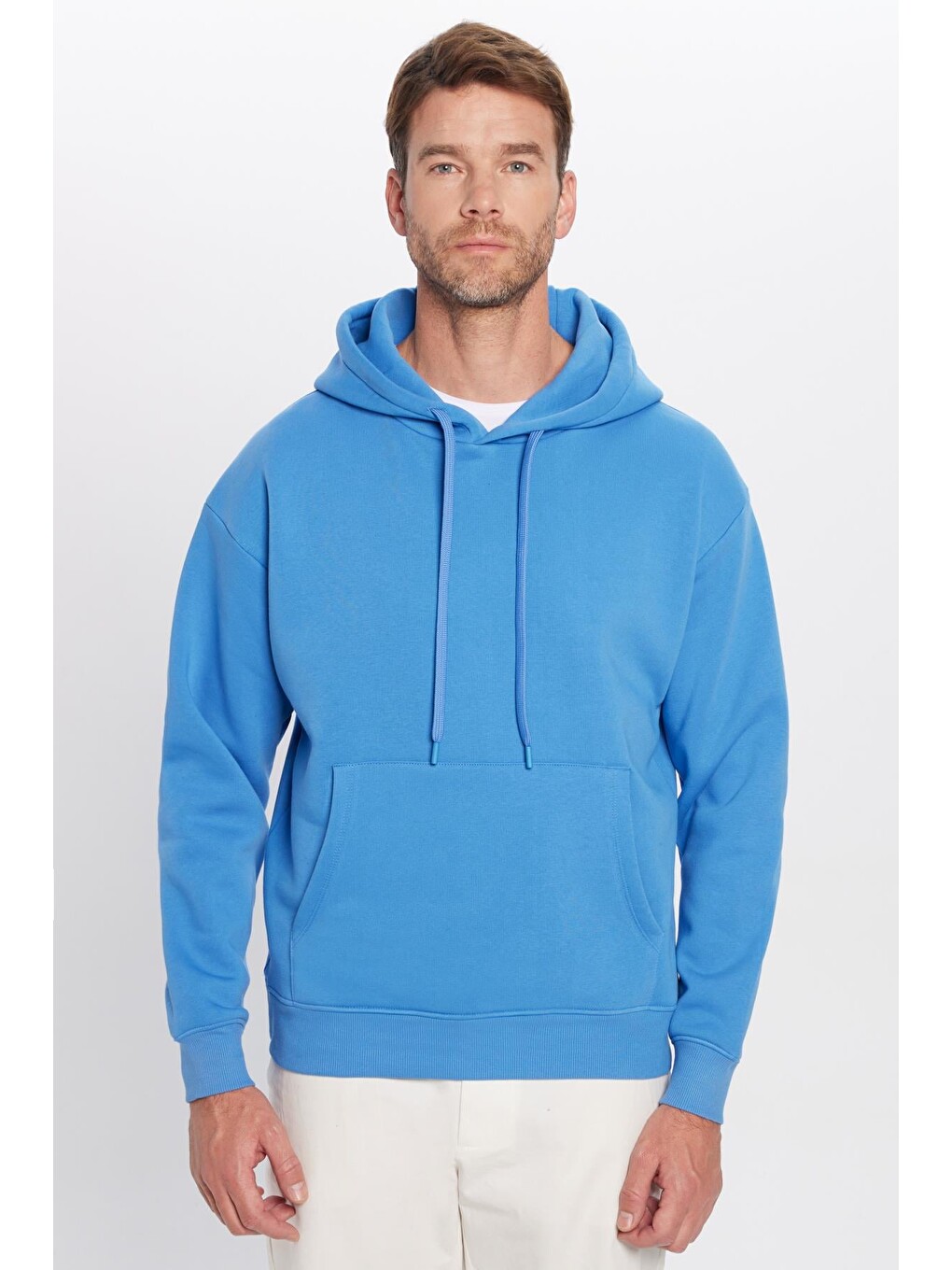 Unisex Oversize Geniş Kesim Pamuklu Yumuşak Dokulu İçi Polarlı Basic Mavi Kapüşonlu Erkek Hoodie-5