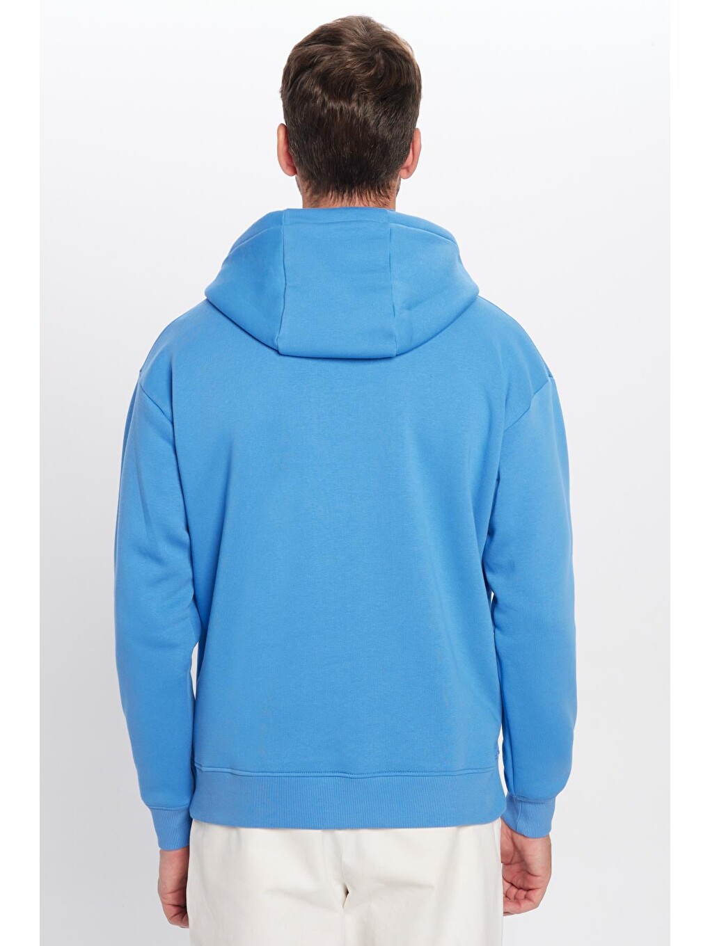 Unisex Oversize Geniş Kesim Pamuklu Yumuşak Dokulu İçi Polarlı Basic Mavi Kapüşonlu Erkek Hoodie-6