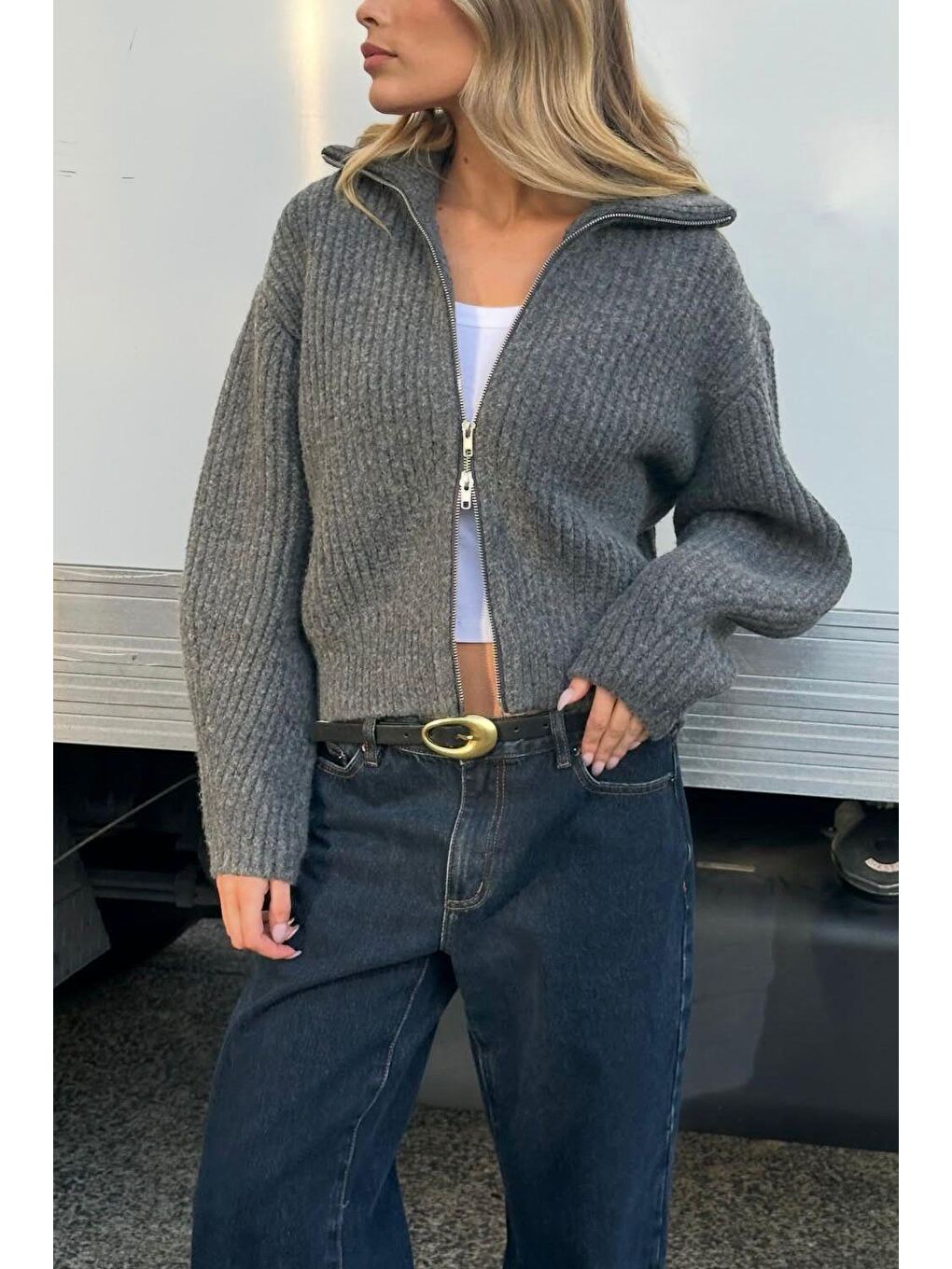 Antrasit Fermuarlı Kadın Triko Hırka Mg2532-3