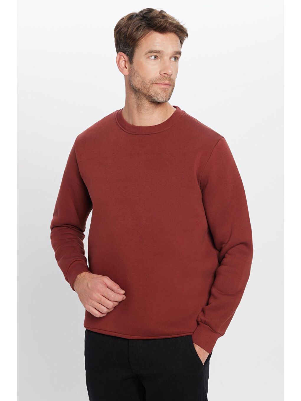 Unisex Relax Fit Rahat Kesim Pamuklu 3 İplik İçi Polarlı Basic Kahverengi Bisiklet Yaka Sweatshirt-1