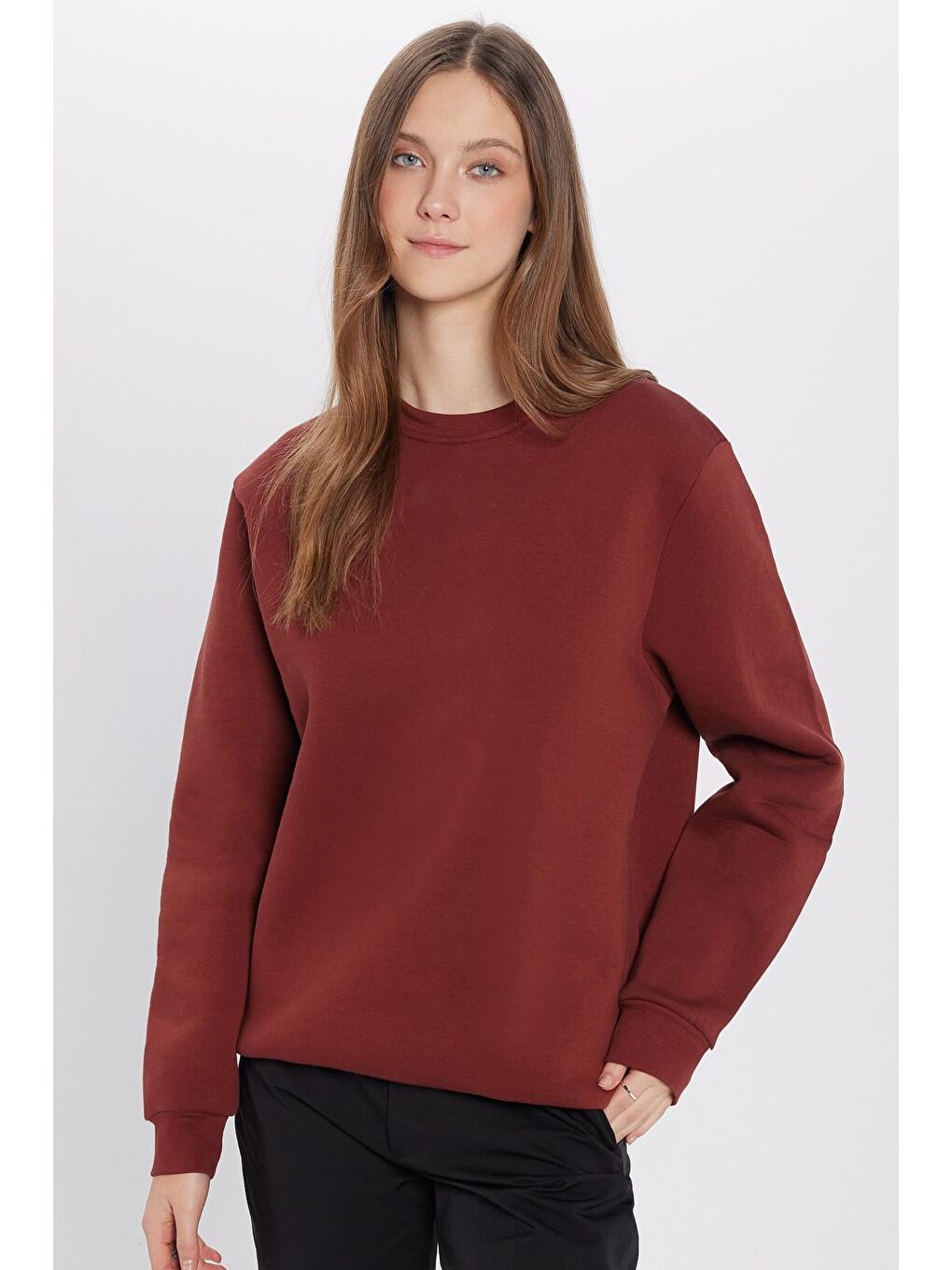 Unisex Relax Fit Rahat Kesim Pamuklu 3 İplik İçi Polarlı Basic Kahverengi Bisiklet Yaka Sweatshirt-2