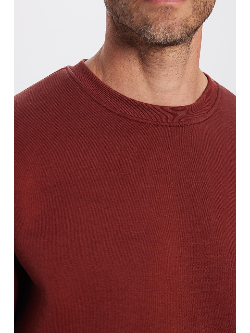 Unisex Relax Fit Rahat Kesim Pamuklu 3 İplik İçi Polarlı Basic Kahverengi Bisiklet Yaka Sweatshirt-3